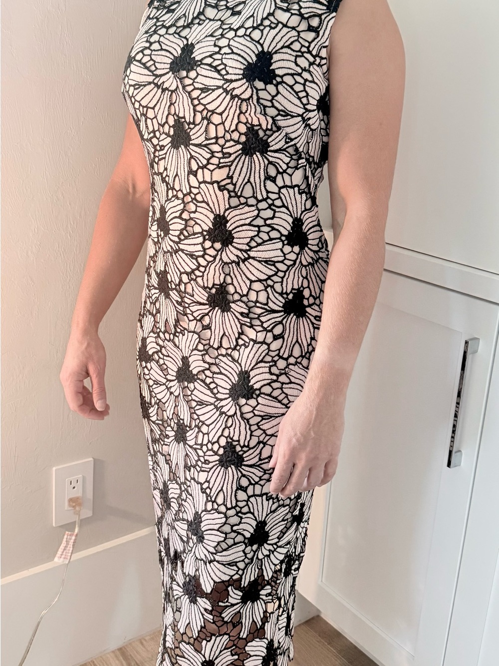 Shoshanna Black Floral Lace Midi Dress with Nude Underlay